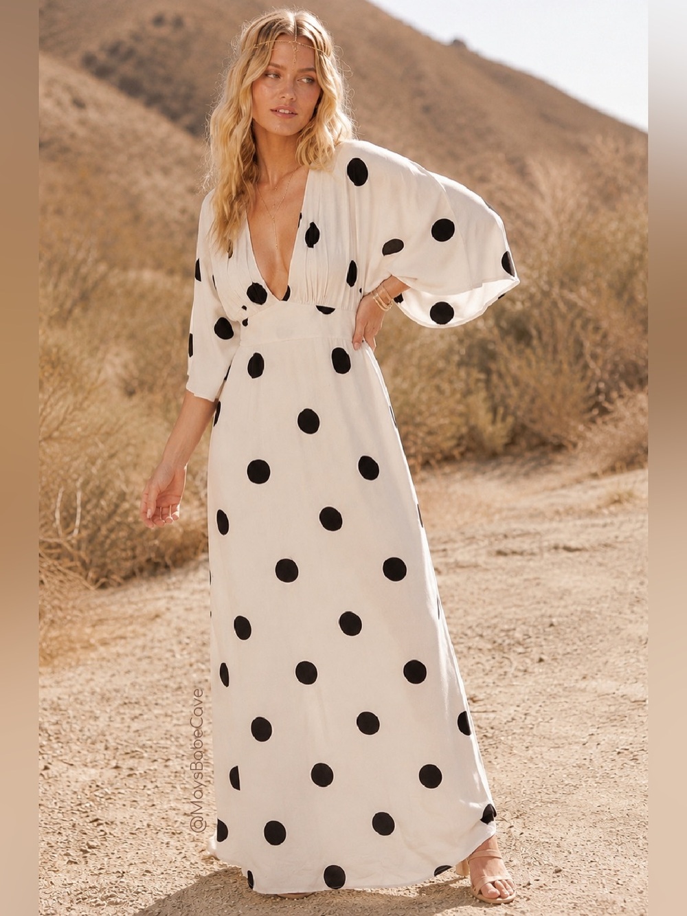 Ivory & Black Polka Dot V-Neck Dolman Sleeve Maxi Dress NWT - Picture 2 of 16